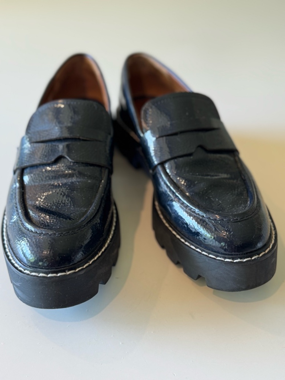 FRANCO SARTO SZ 7.5 “Balín”Faux Patent Leather Lug Sole Loafers - Navy